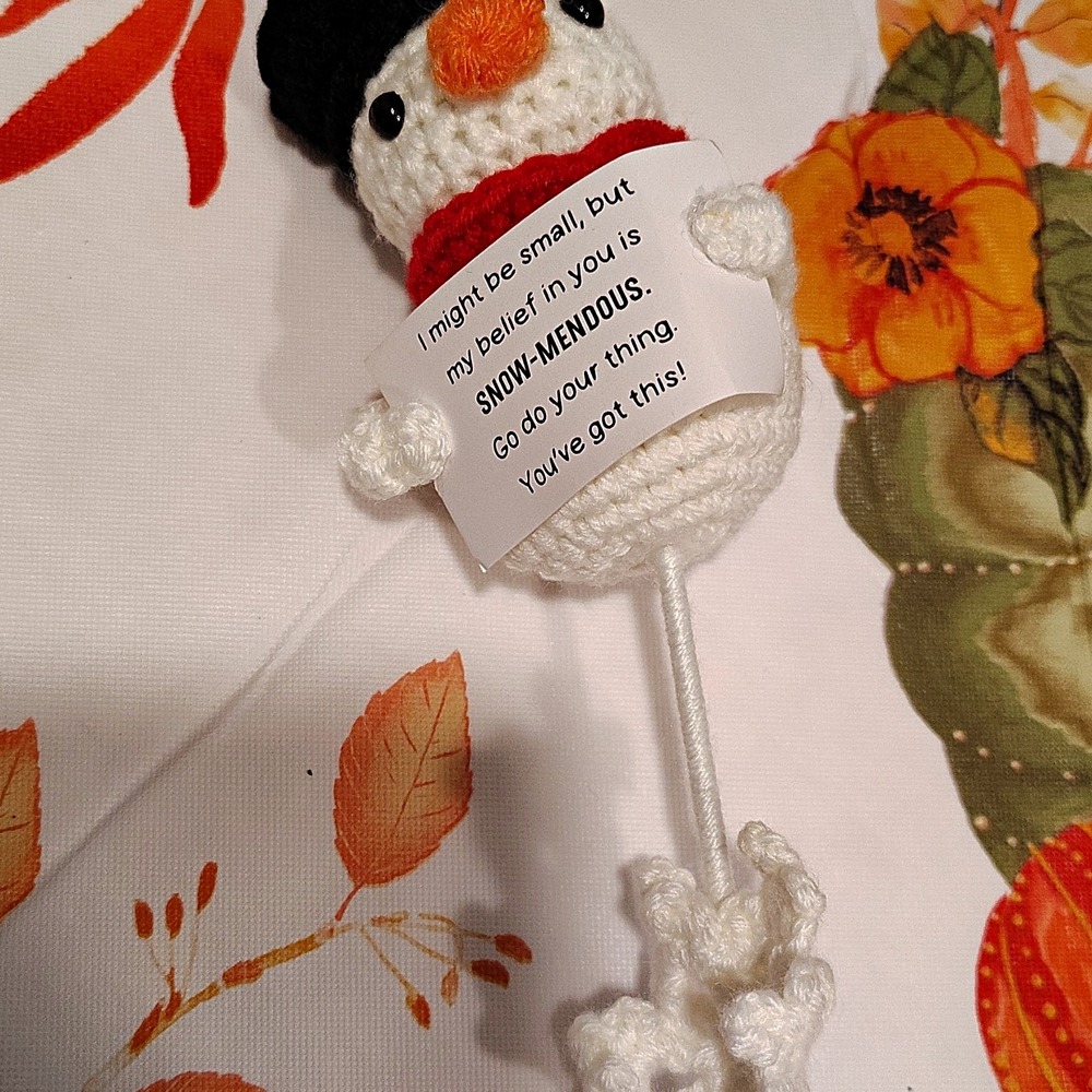 Handmade Crochet Emotional Support Snowman Positive Motivation Gift White Red